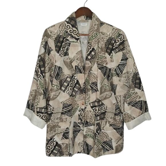 Vintage Season Ticket Tan & Black Tribal Leaf Multi Button Front Blazer Sz Large - Picture 1 of 6